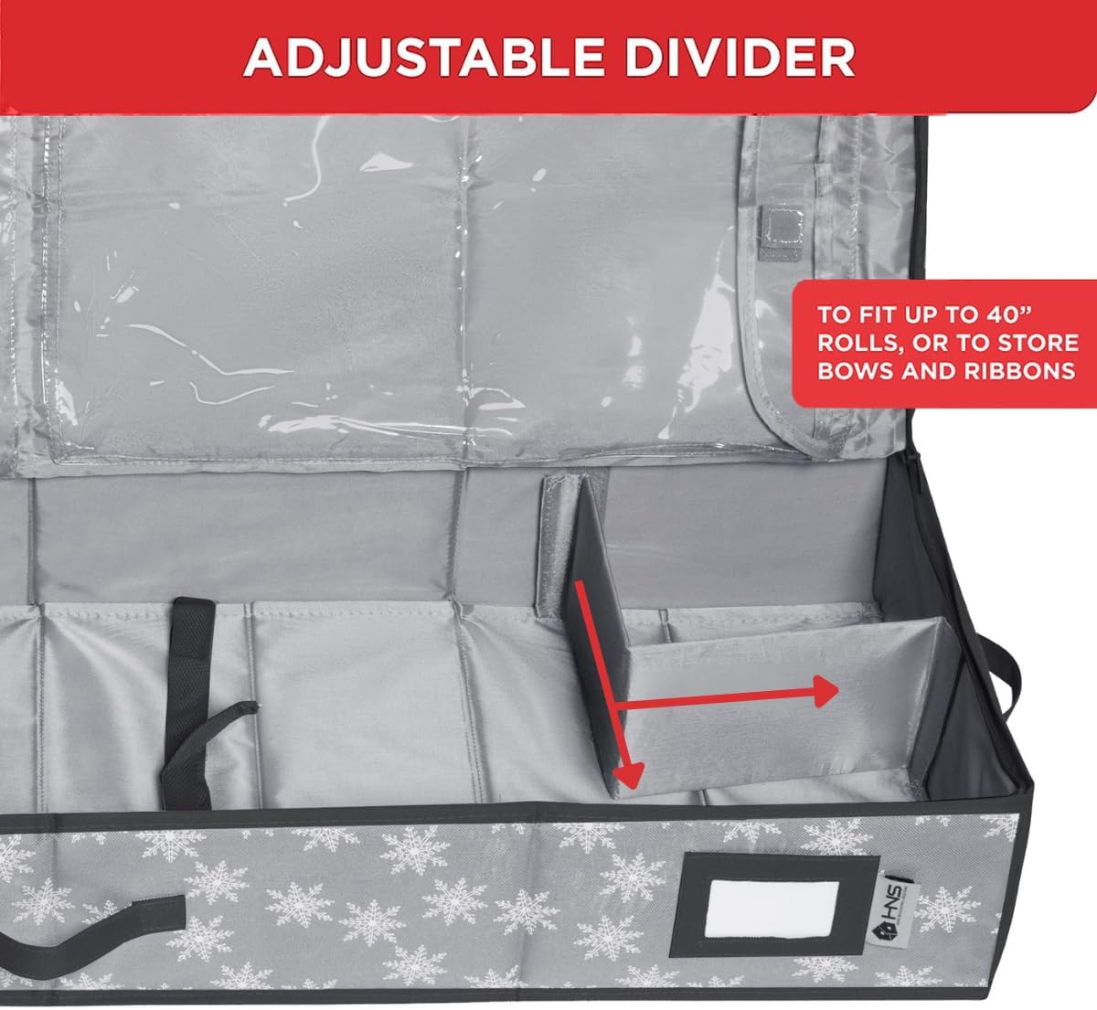HOLDN' STORAGE Premium Wrapping Paper Storage Container - Durable 600D Tear-Proof. Fits 27 Rolls Gift Wrap. Extra Pockets for Ribbons & Bows. Underbed Storage - Ideal for Holiday Christmas. Grey/White Snowflakes - Image 6
