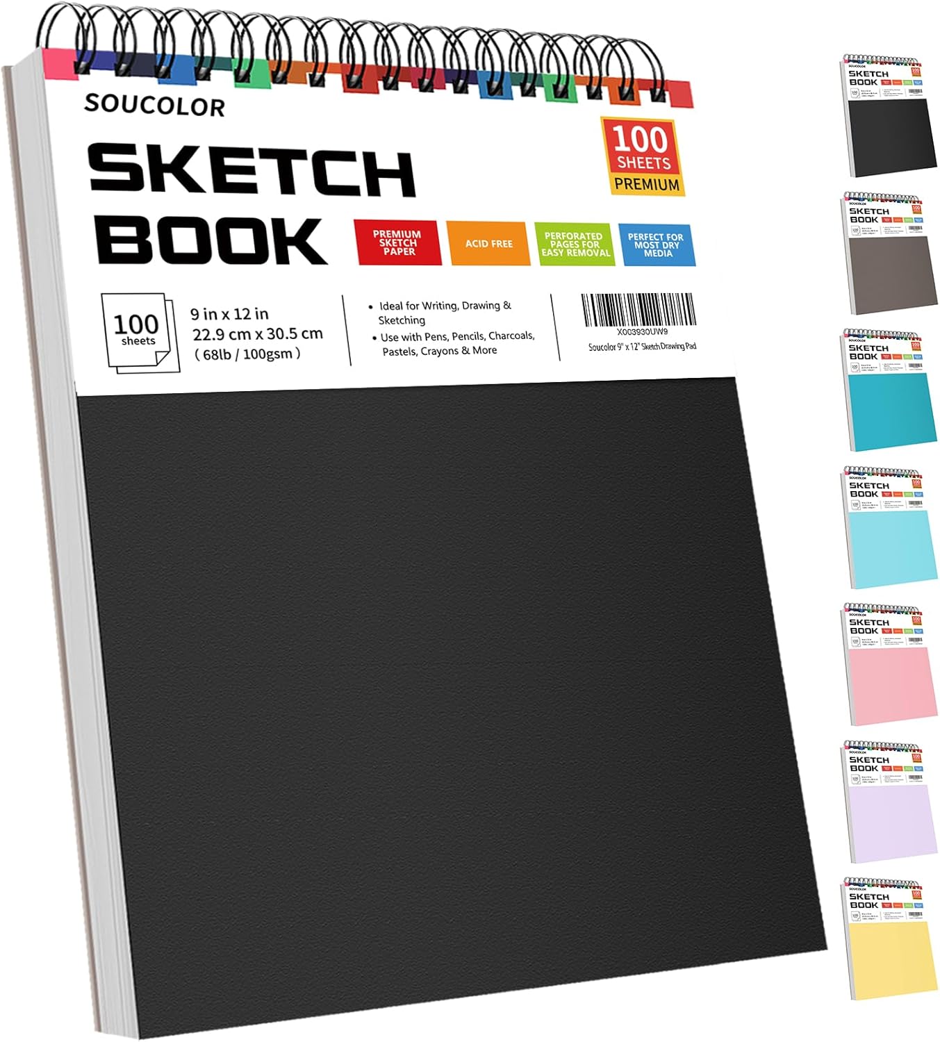 Soucolor Sketch Book 9x12.100 Sheets. Kids Art Sketchbook for Drawing Pad | 68lb Acid-Free.Fine-Texture Matte.No Bleed-Through.Top Spiral Lay-Flat. Micro-Perforated — Dry Media. Sketch Book for Adults