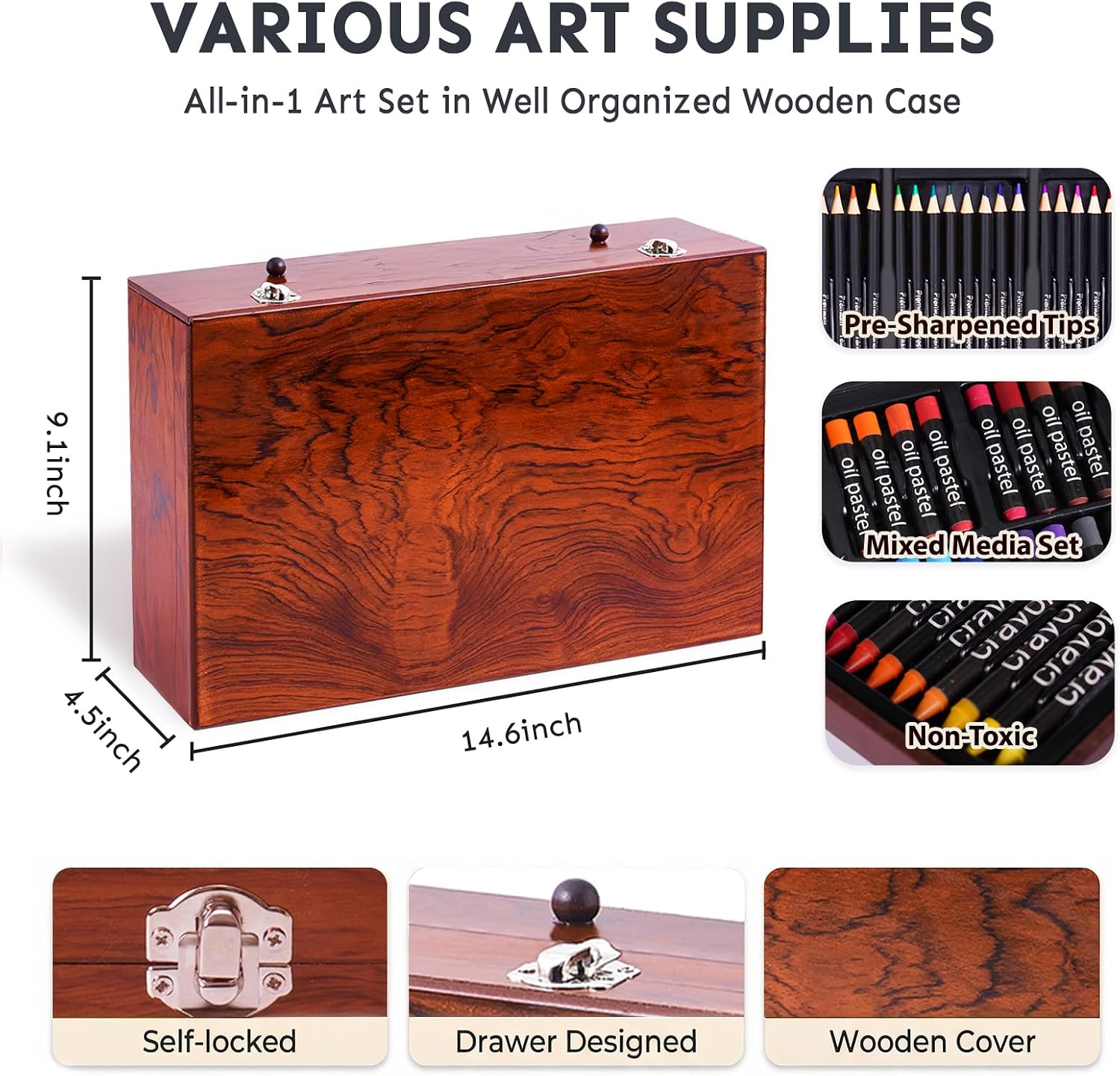 TMOL Art Supplies. 175-Pack Deluxe Art Set Drawing Painting Kit with 2 Drawing Pads. Acrylic Paints. Colored Pencils. Crayons. Art Kit in Wooden Case. Gift for Artist. Adults. Teens and Kids - Image 7
