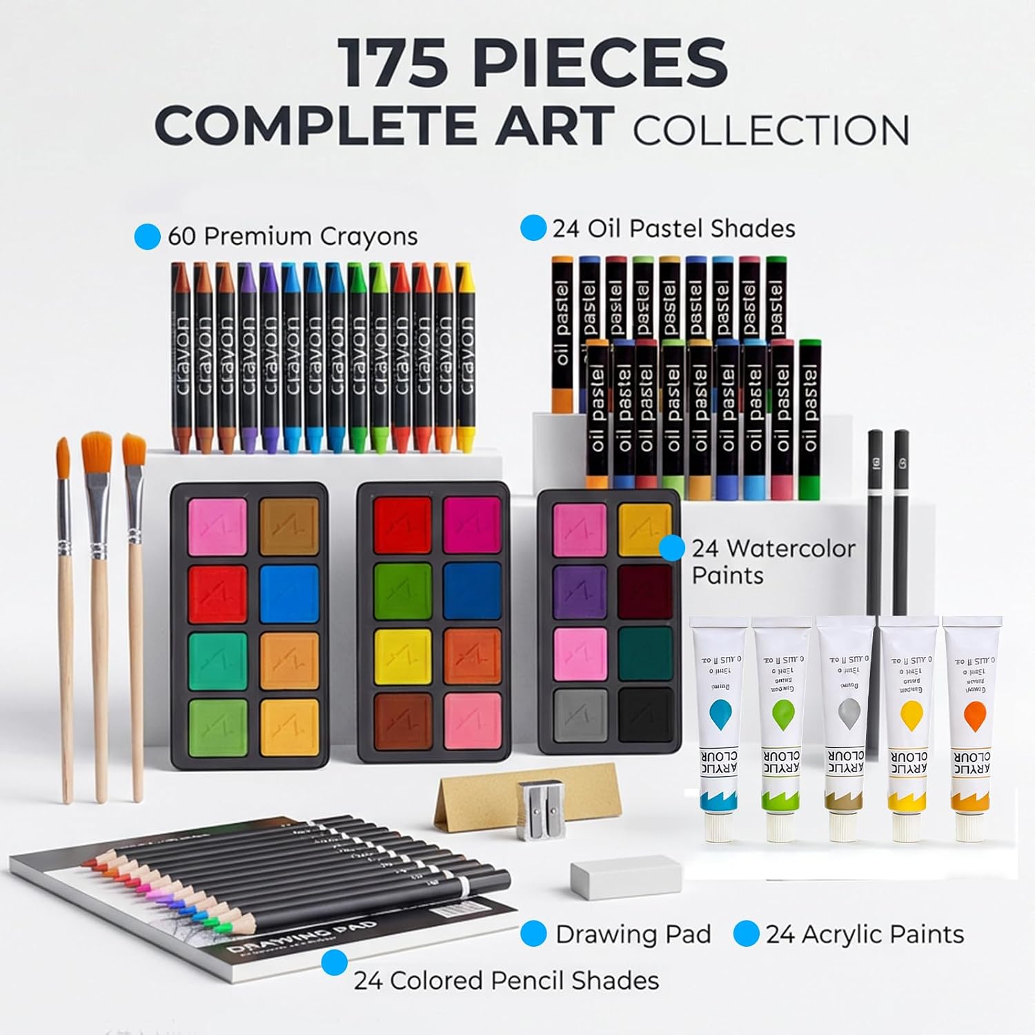 TMOL Art Supplies. 175-Pack Deluxe Art Set Drawing Painting Kit with 2 Drawing Pads. Acrylic Paints. Colored Pencils. Crayons. Art Kit in Wooden Case. Gift for Artist. Adults. Teens and Kids - Image 2