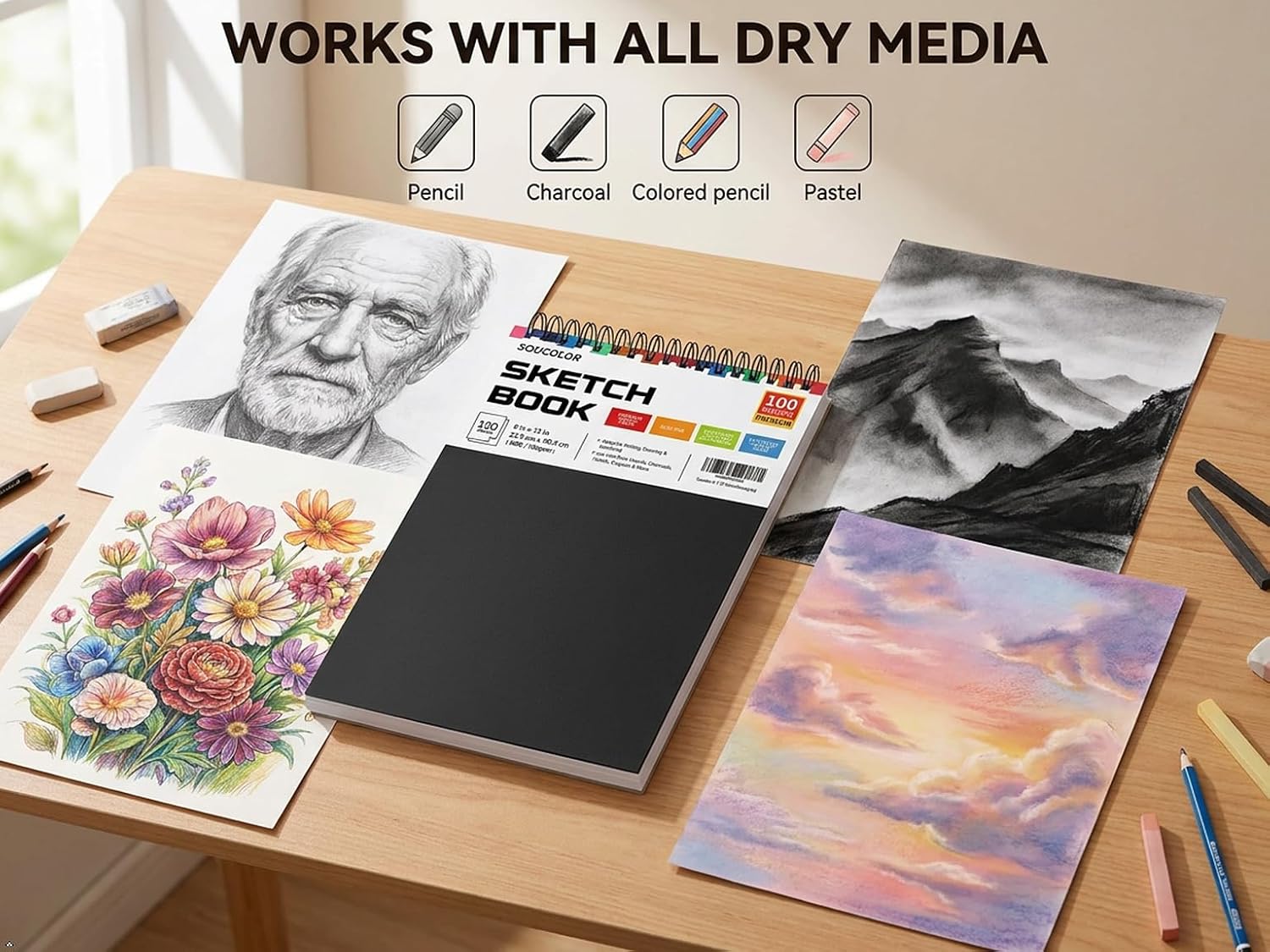 Soucolor Sketch Book 9x12.100 Sheets. Kids Art Sketchbook for Drawing Pad | 68lb Acid-Free.Fine-Texture Matte.No Bleed-Through.Top Spiral Lay-Flat. Micro-Perforated — Dry Media. Sketch Book for Adults - Image 4