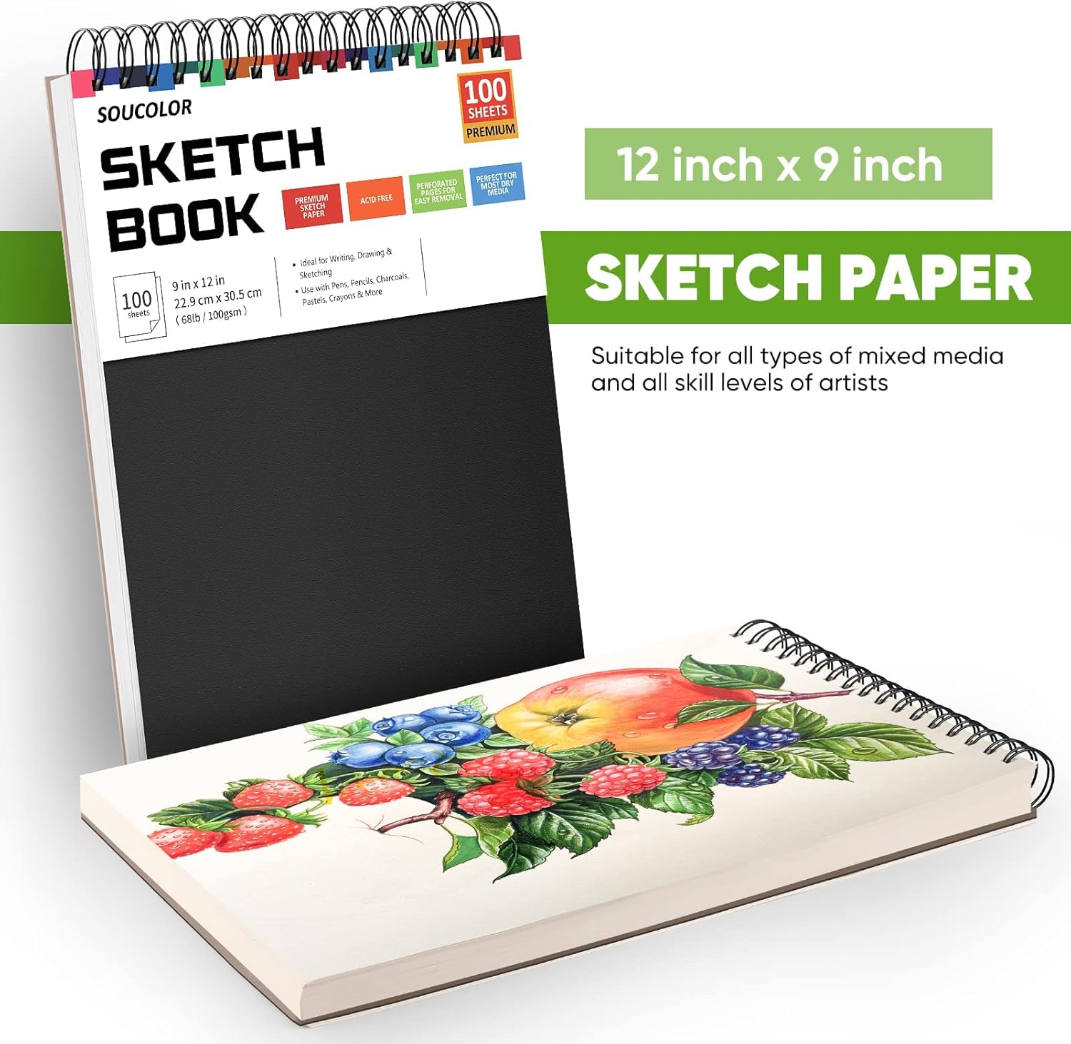 Soucolor Sketch Book 9x12.100 Sheets. Kids Art Sketchbook for Drawing Pad | 68lb Acid-Free.Fine-Texture Matte.No Bleed-Through.Top Spiral Lay-Flat. Micro-Perforated — Dry Media. Sketch Book for Adults - Image 5