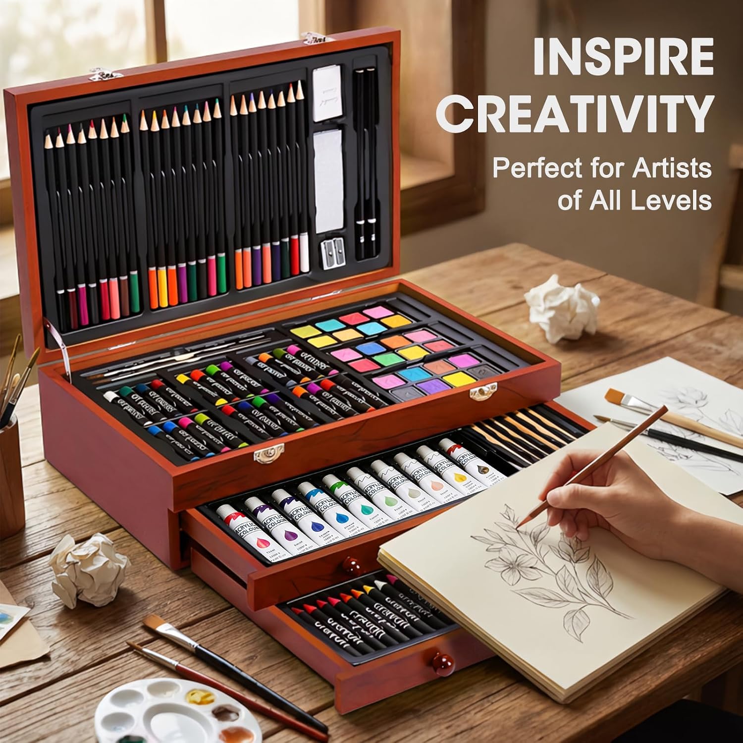 TMOL Art Supplies. 175-Pack Deluxe Art Set Drawing Painting Kit with 2 Drawing Pads. Acrylic Paints. Colored Pencils. Crayons. Art Kit in Wooden Case. Gift for Artist. Adults. Teens and Kids - Image 4