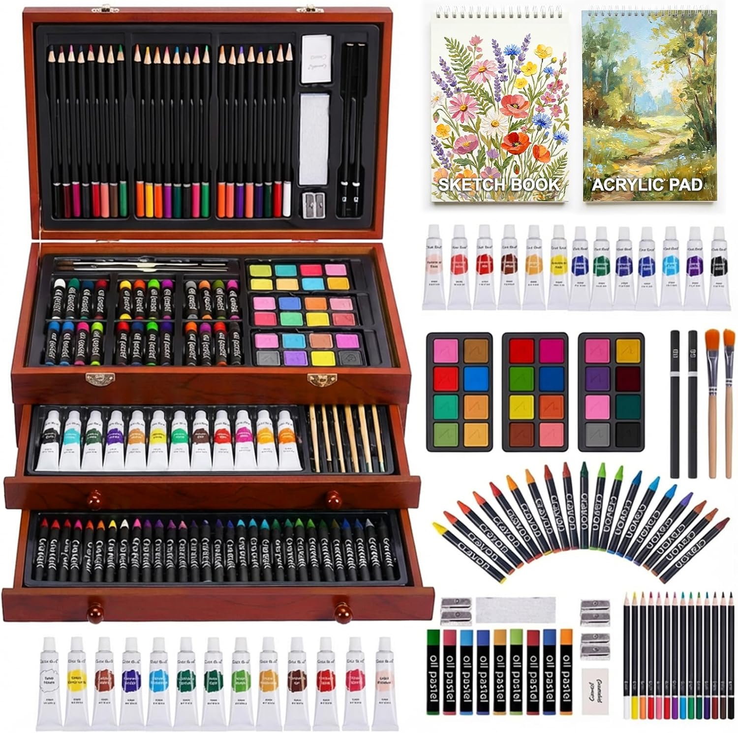 TMOL Art Supplies. 175-Pack Deluxe Art Set Drawing Painting Kit with 2 Drawing Pads. Acrylic Paints. Colored Pencils. Crayons. Art Kit in Wooden Case. Gift for Artist. Adults. Teens and Kids