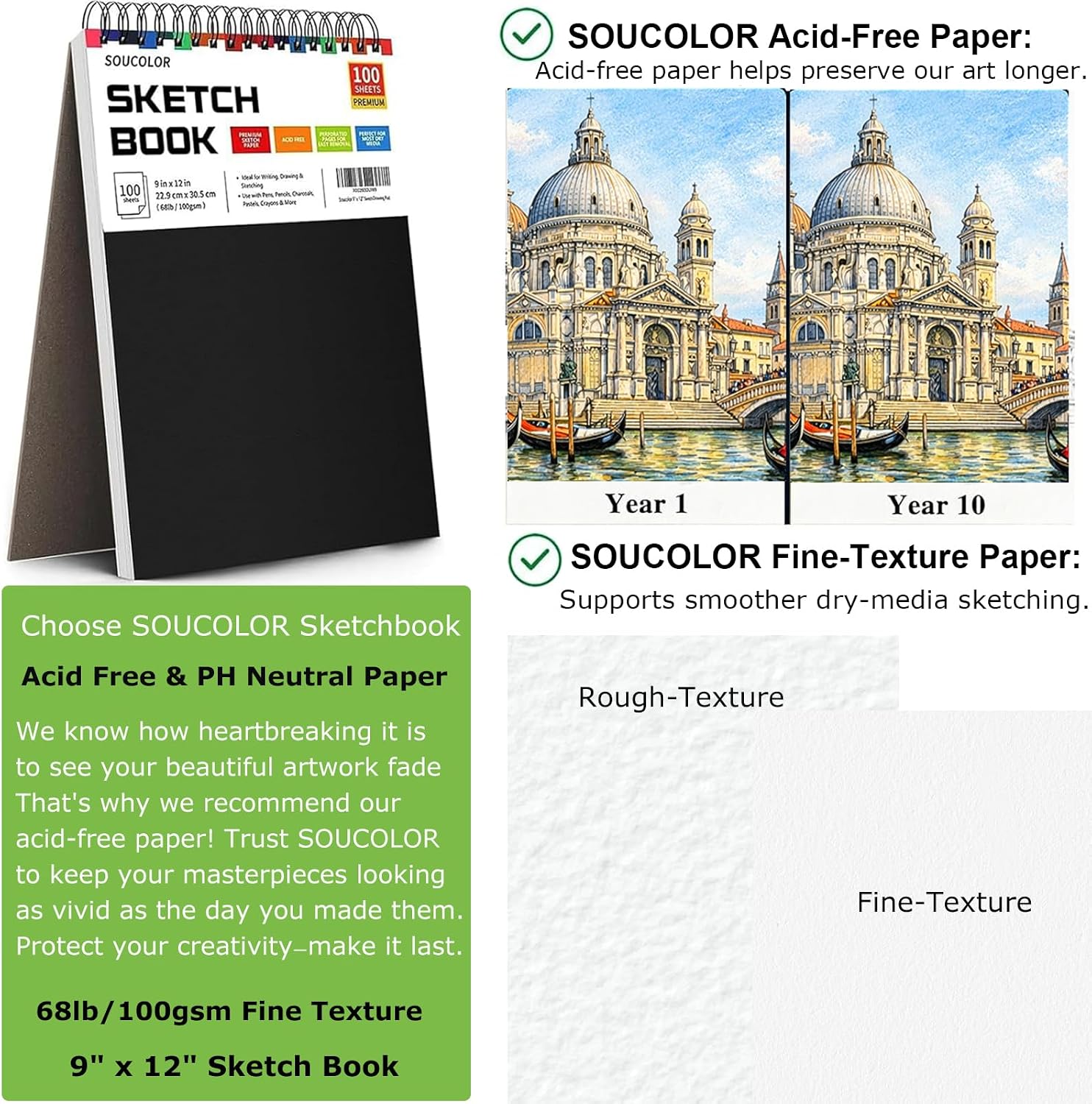 Soucolor Sketch Book 9x12.100 Sheets. Kids Art Sketchbook for Drawing Pad | 68lb Acid-Free.Fine-Texture Matte.No Bleed-Through.Top Spiral Lay-Flat. Micro-Perforated — Dry Media. Sketch Book for Adults - Image 7