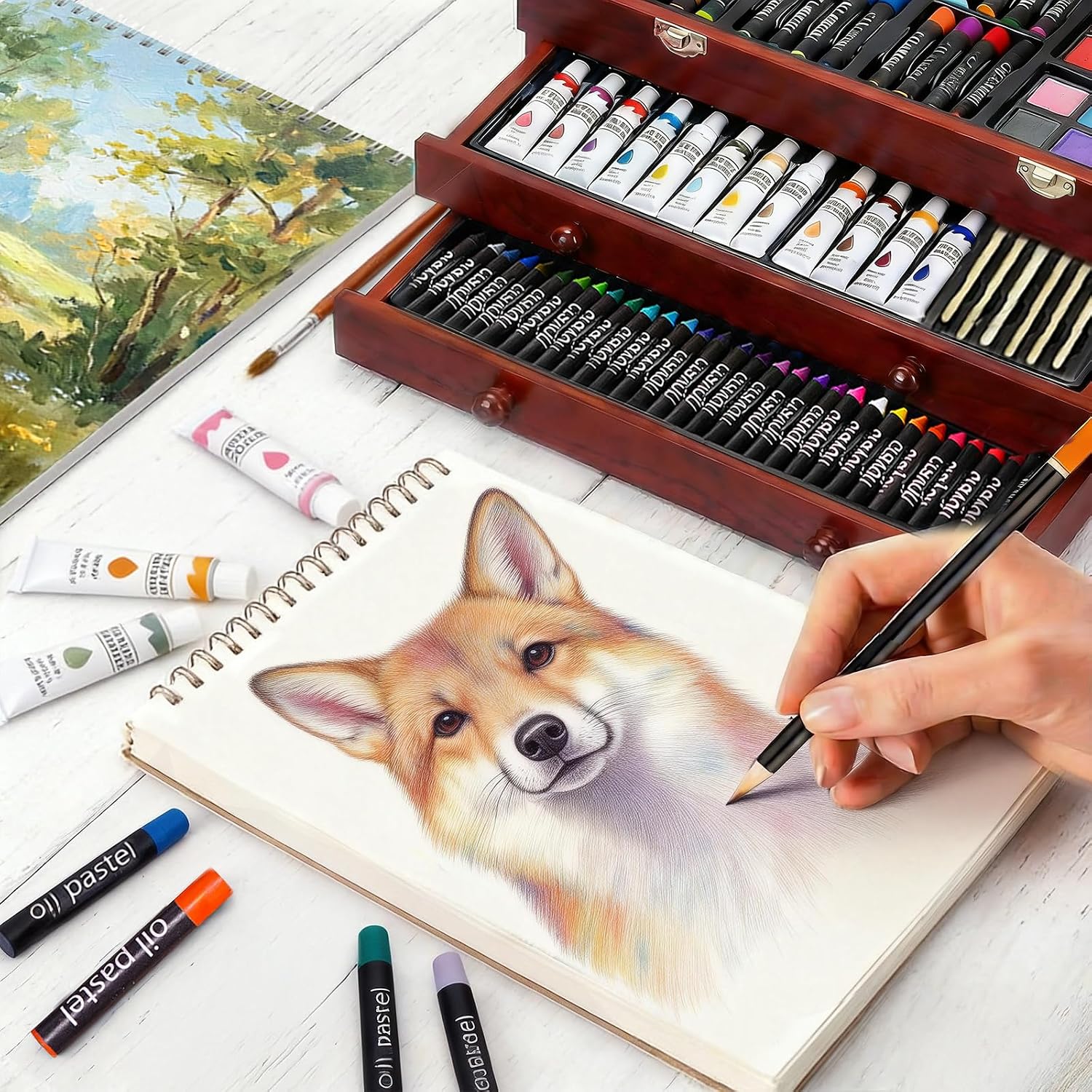 TMOL Art Supplies. 175-Pack Deluxe Art Set Drawing Painting Kit with 2 Drawing Pads. Acrylic Paints. Colored Pencils. Crayons. Art Kit in Wooden Case. Gift for Artist. Adults. Teens and Kids - Image 6